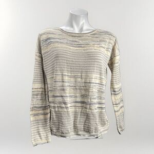 Prana Beige Gray Gold‎ Metallic Striped Women's Pullover Sweater Tulip Back Sz M